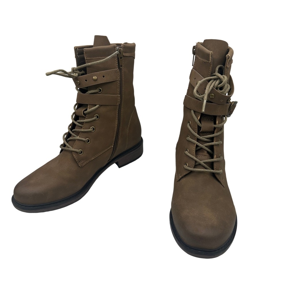 Pierre Dumas Combat Boots Women Brown Good Buckle Strap Side Zip Lace 7MMid Calf